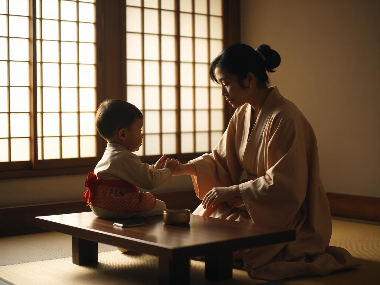 Mãe japonesa ensinando criança com disciplina e amor